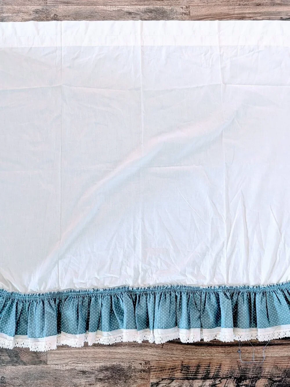 VTG 80s Blue Floral Cottagecore Curtain Panel Cotton Linen Ruffle Farmhouse